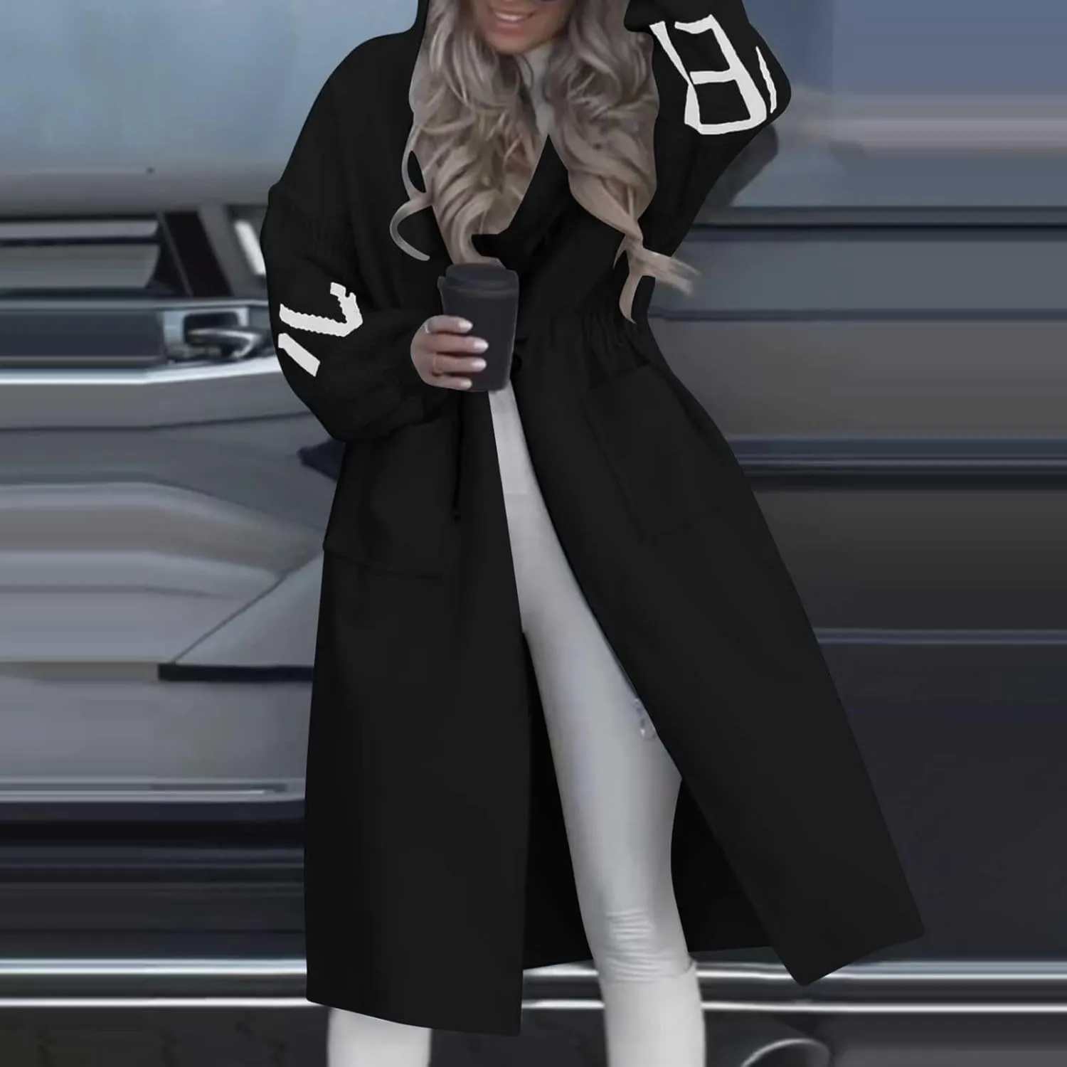 Winter Trench Coat Womens Coat Plus Size Hooded Zip up Long Jackets Cozy Patchwork Warm Overcoat Drawstring Waist Coat