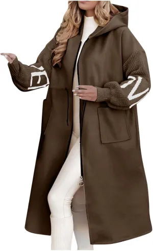Winter Trench Coat Womens Coat Plus Size Hooded Zip up Long Jackets Cozy Patchwork Warm Overcoat Drawstring Waist Coat