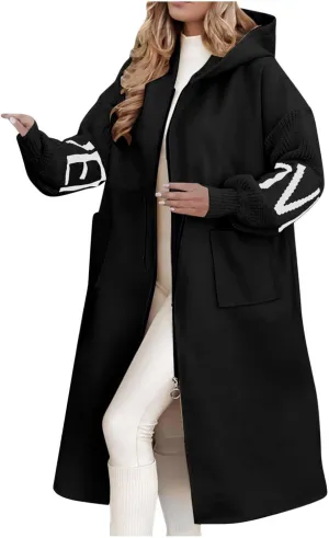 Winter Trench Coat Womens Coat Plus Size Hooded Zip up Long Jackets Cozy Patchwork Warm Overcoat Drawstring Waist Coat