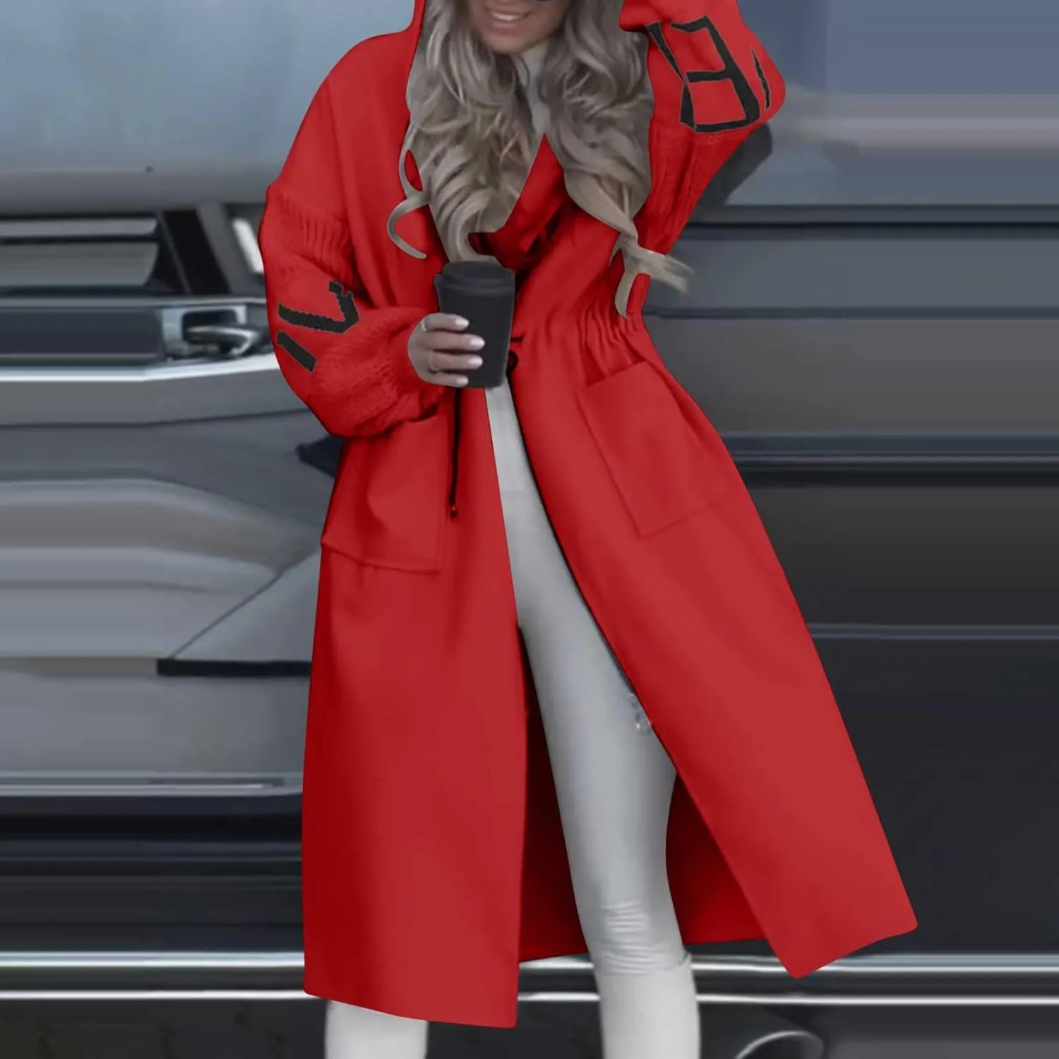 Winter Trench Coat Womens Coat Plus Size Hooded Zip up Long Jackets Cozy Patchwork Warm Overcoat Drawstring Waist Coat