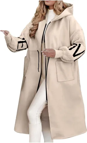 Winter Trench Coat Womens Coat Plus Size Hooded Zip up Long Jackets Cozy Patchwork Warm Overcoat Drawstring Waist Coat