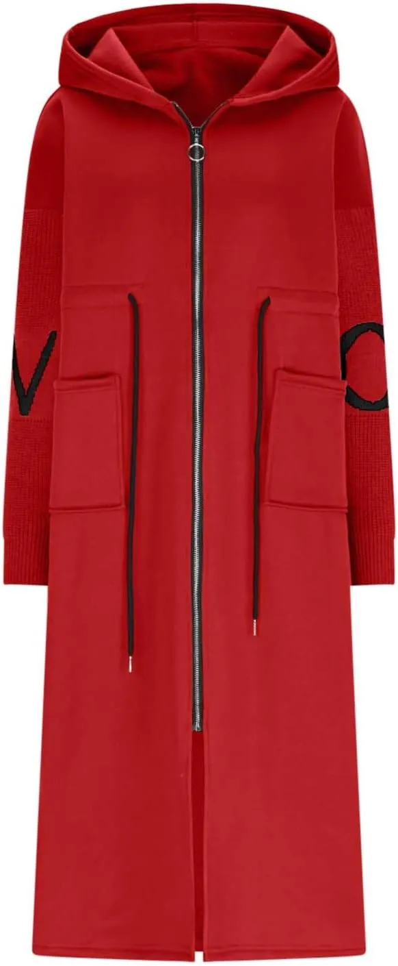 Winter Trench Coat Womens Coat Plus Size Hooded Zip up Long Jackets Cozy Patchwork Warm Overcoat Drawstring Waist Coat