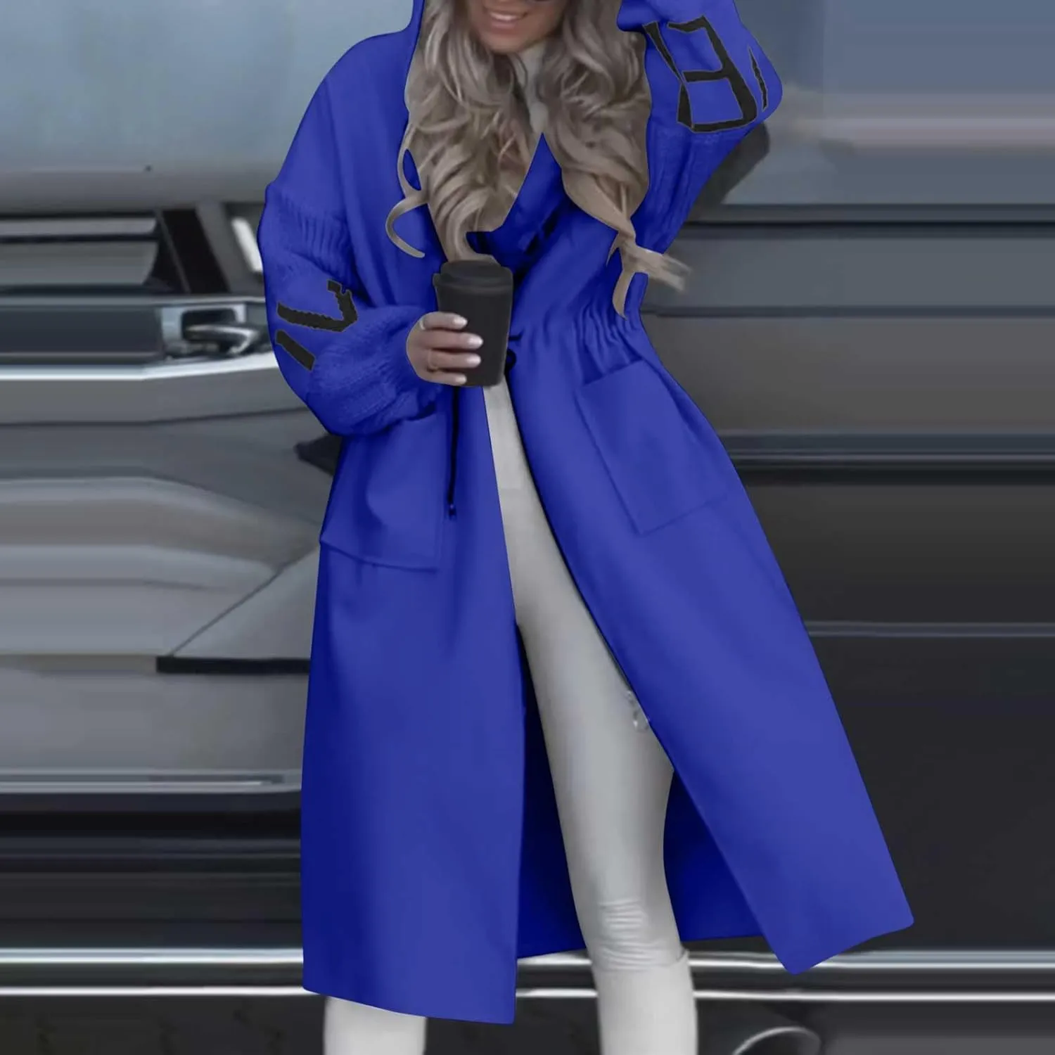 Winter Trench Coat Womens Coat Plus Size Hooded Zip up Long Jackets Cozy Patchwork Warm Overcoat Drawstring Waist Coat