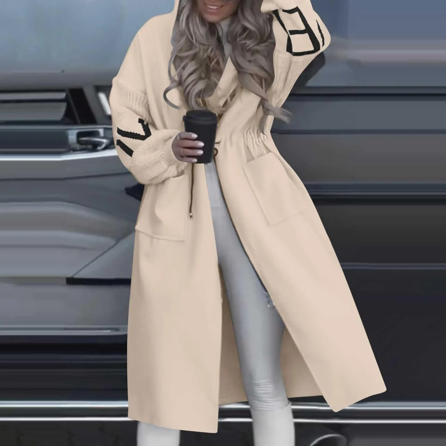 Winter Trench Coat Womens Coat Plus Size Hooded Zip up Long Jackets Cozy Patchwork Warm Overcoat Drawstring Waist Coat
