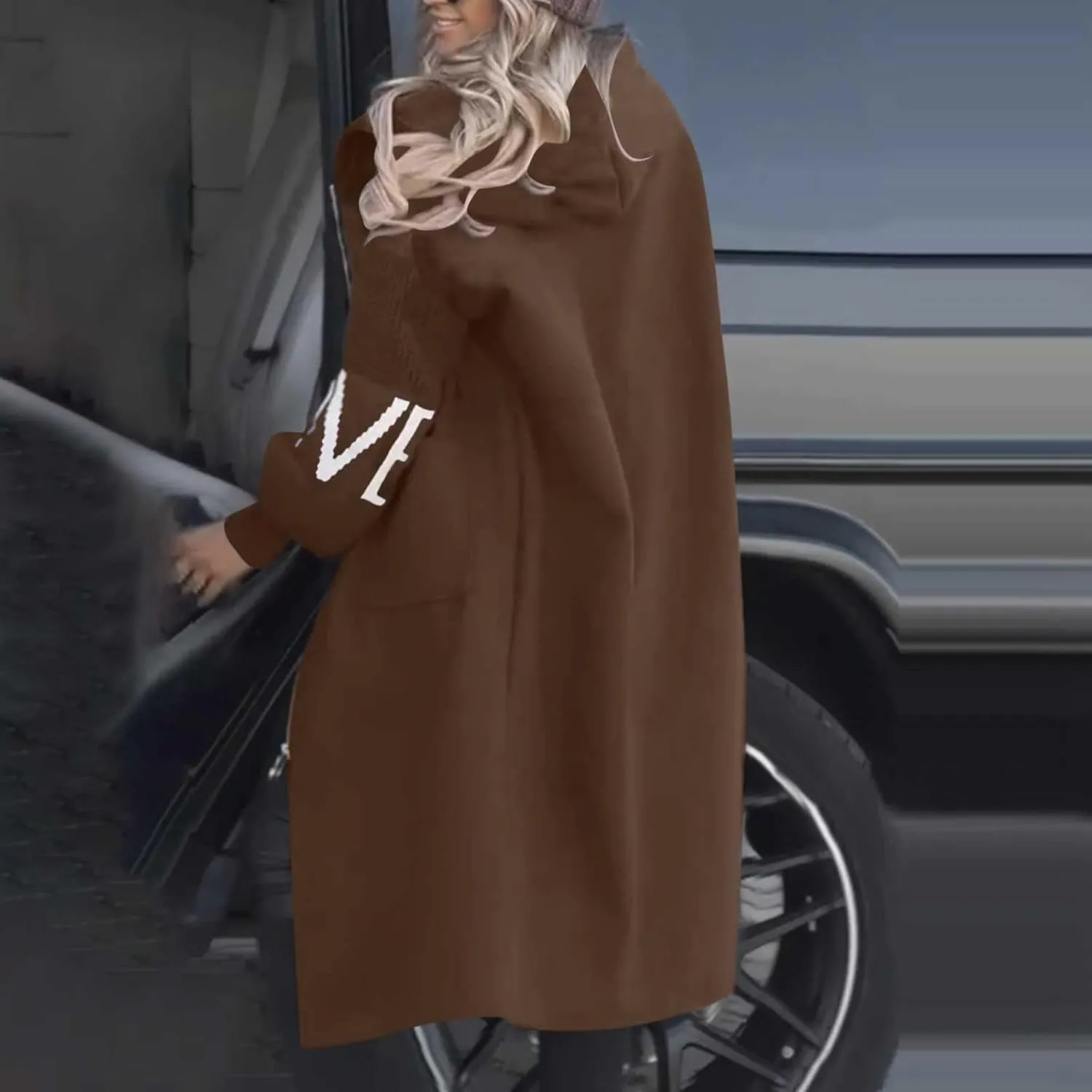 Winter Trench Coat Womens Coat Plus Size Hooded Zip up Long Jackets Cozy Patchwork Warm Overcoat Drawstring Waist Coat