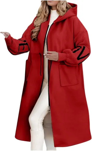 Winter Trench Coat Womens Coat Plus Size Hooded Zip up Long Jackets Cozy Patchwork Warm Overcoat Drawstring Waist Coat