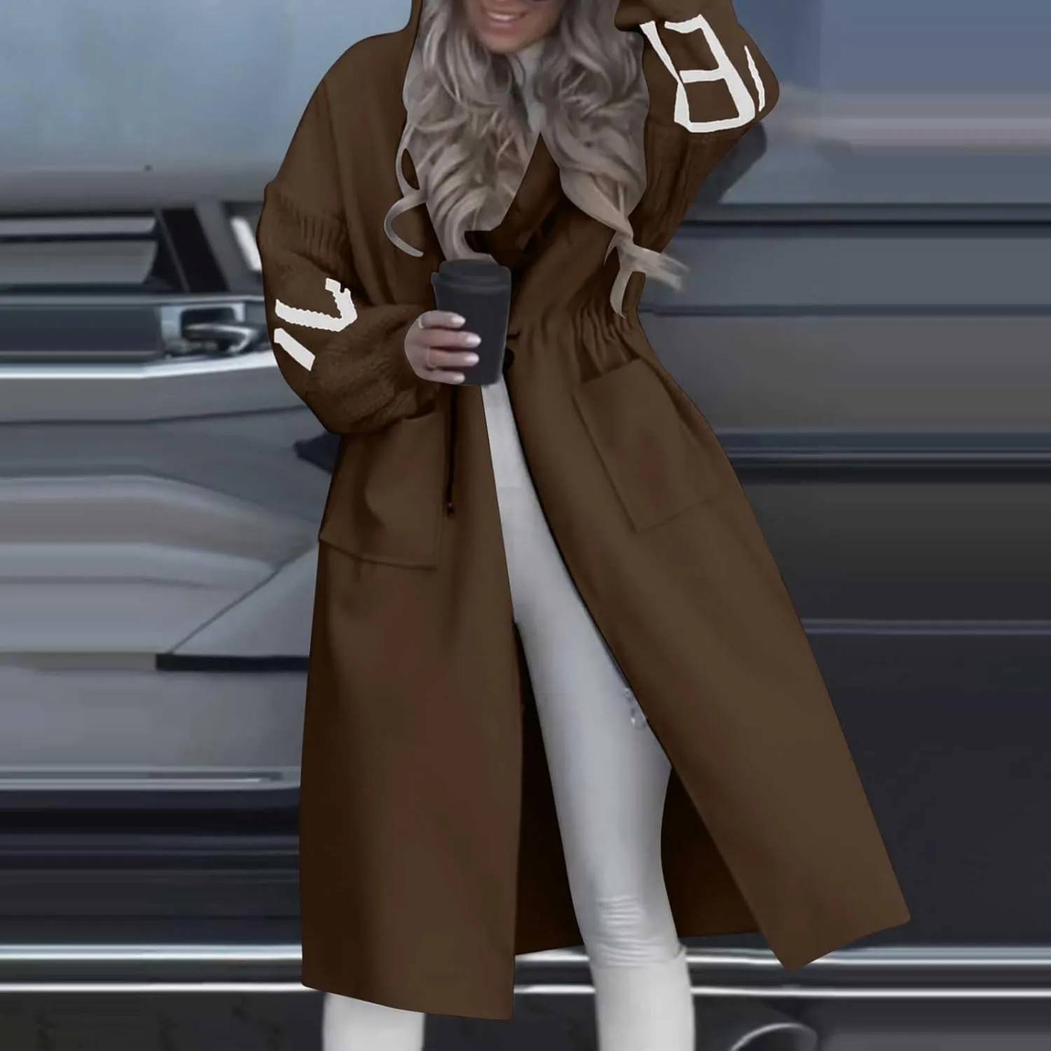 Winter Trench Coat Womens Coat Plus Size Hooded Zip up Long Jackets Cozy Patchwork Warm Overcoat Drawstring Waist Coat