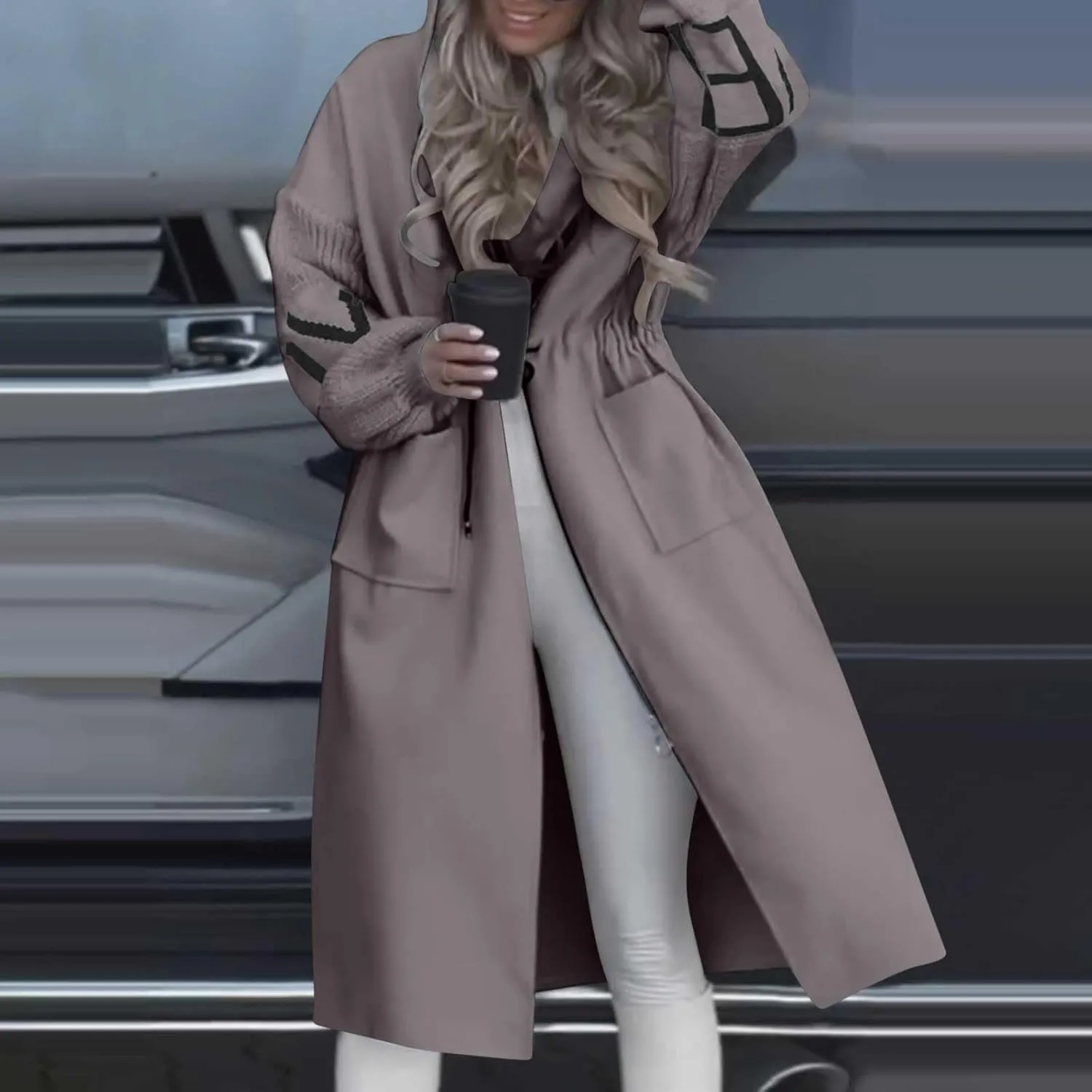Winter Trench Coat Womens Coat Plus Size Hooded Zip up Long Jackets Cozy Patchwork Warm Overcoat Drawstring Waist Coat