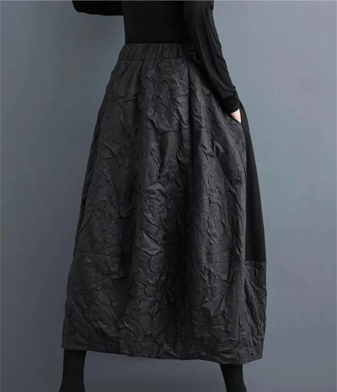 Women A-Line Elastic High Waist Skirt Patchwork Ruffle Pleated Skirt Loose Casual Midi Skirt