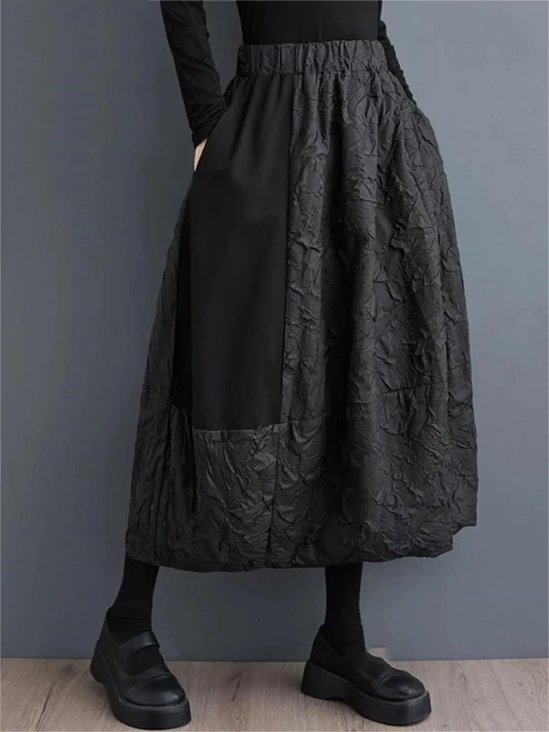Women A-Line Elastic High Waist Skirt Patchwork Ruffle Pleated Skirt Loose Casual Midi Skirt