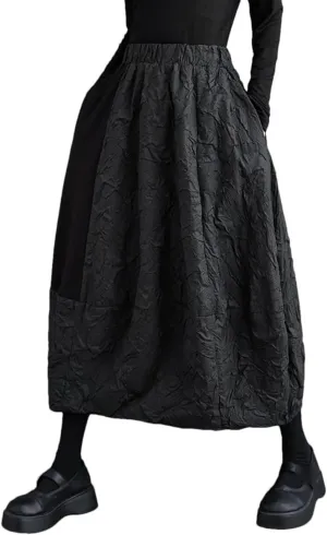 Women A-Line Elastic High Waist Skirt Patchwork Ruffle Pleated Skirt Loose Casual Midi Skirt