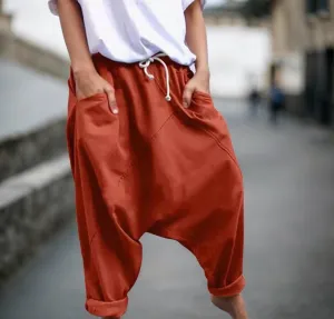 Women Baggy Linen Pants Casual Elastic High Waist Harem Pants Drawstring Loose Wide Leg Yoga Trousers with Pocket