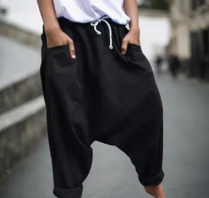 Women Baggy Linen Pants Casual Elastic High Waist Harem Pants Drawstring Loose Wide Leg Yoga Trousers with Pocket