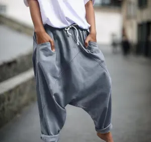 Women Baggy Linen Pants Casual Elastic High Waist Harem Pants Drawstring Loose Wide Leg Yoga Trousers with Pocket