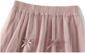 Women Bows Tulle Splicing Skirt Big Swing A-Line Pleated Skirts Elastic Waist Midi Party Skirt for Prom