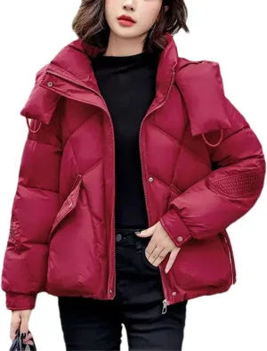 Women Detachable Hat Short Cotton-Padded Jacket Classic Pleats Splicing Pockets Parka Coat