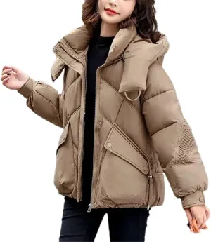 Women Detachable Hat Short Cotton-Padded Jacket Classic Pleats Splicing Pockets Parka Coat