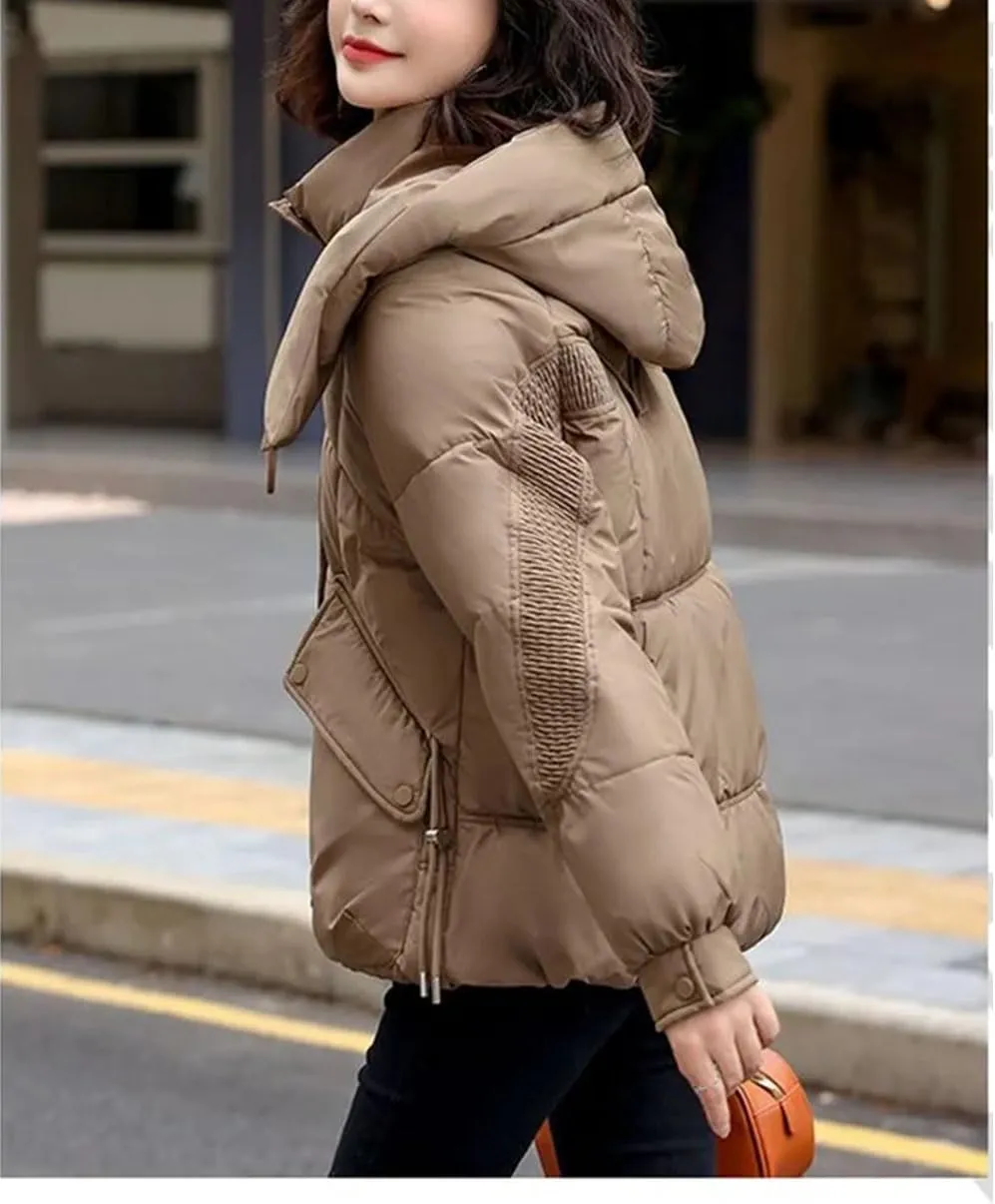 Women Detachable Hat Short Cotton-Padded Jacket Classic Pleats Splicing Pockets Parka Coat