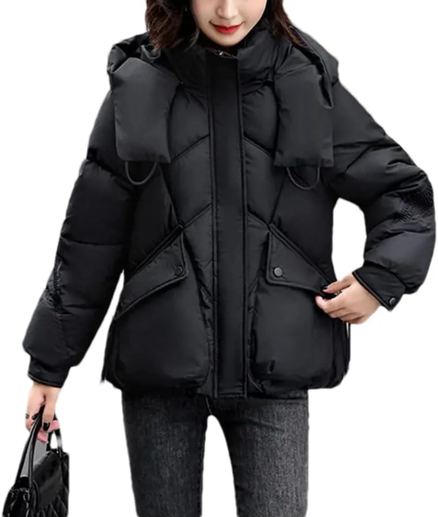 Women Detachable Hat Short Cotton-Padded Jacket Classic Pleats Splicing Pockets Parka Coat