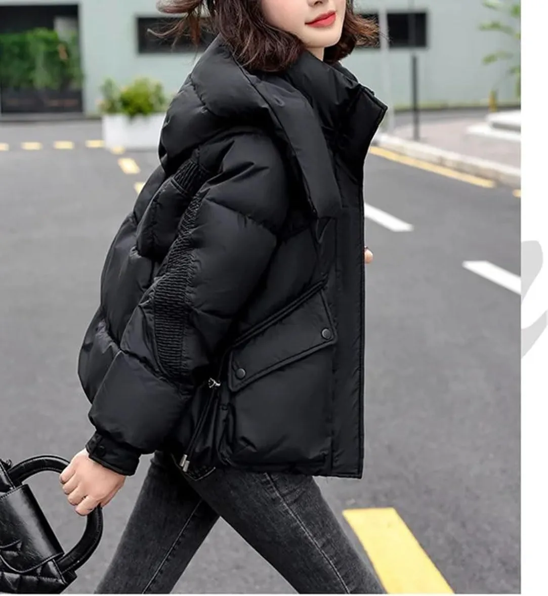 Women Detachable Hat Short Cotton-Padded Jacket Classic Pleats Splicing Pockets Parka Coat