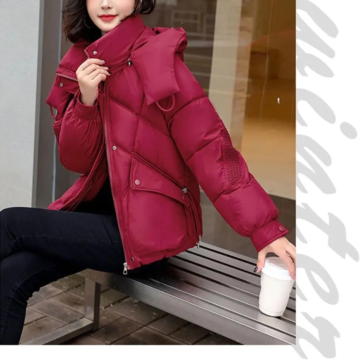 Women Detachable Hat Short Cotton-Padded Jacket Classic Pleats Splicing Pockets Parka Coat