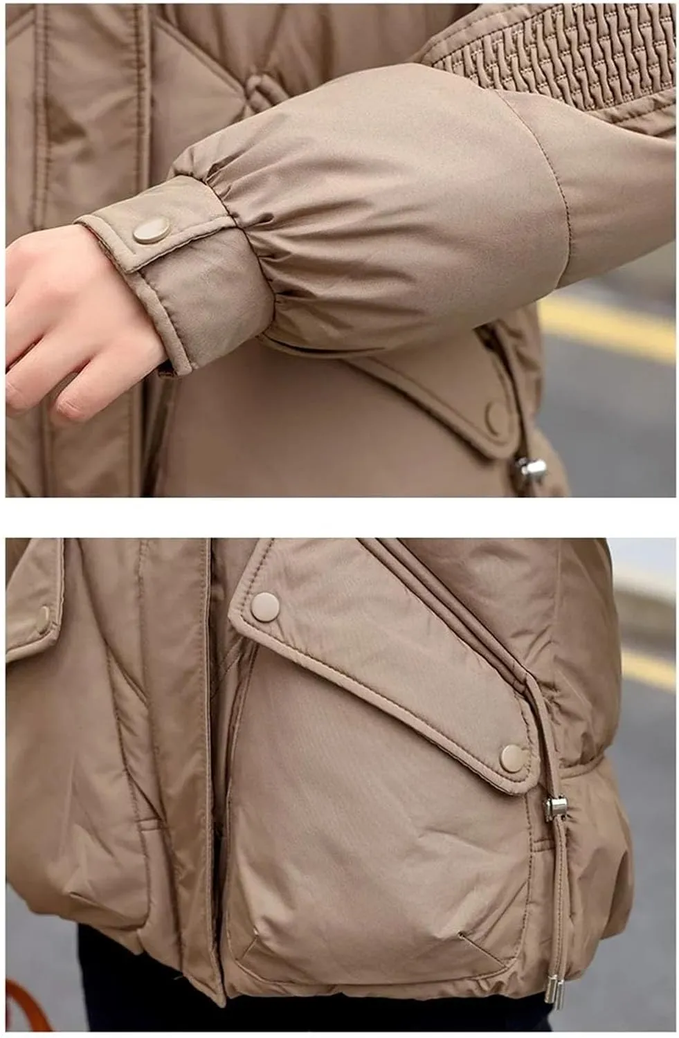 Women Detachable Hat Short Cotton-Padded Jacket Classic Pleats Splicing Pockets Parka Coat