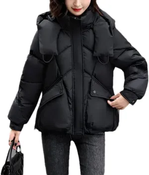 Women Detachable Hat Short Cotton-Padded Jacket Classic Pleats Splicing Pockets Parka Coat