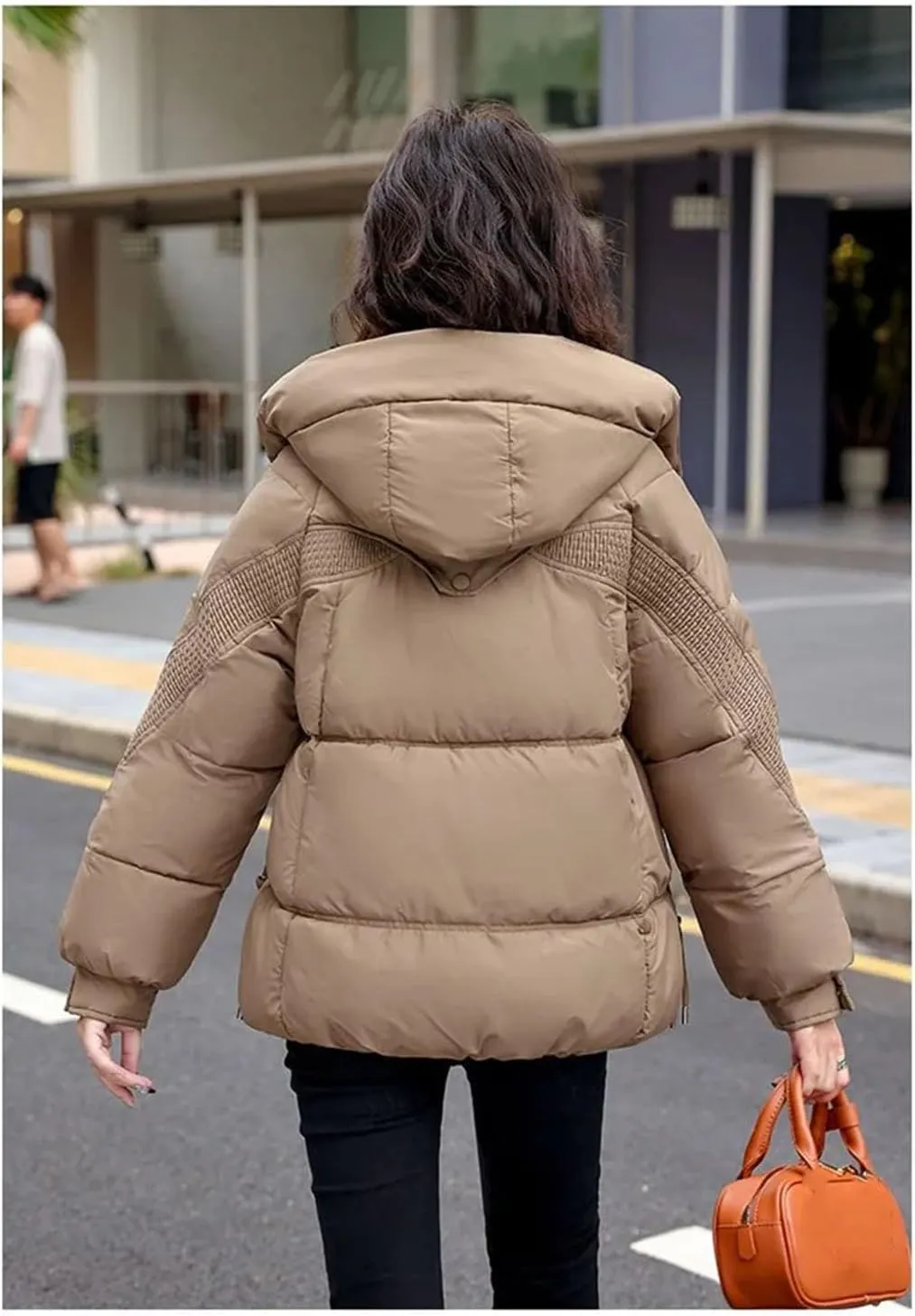 Women Detachable Hat Short Cotton-Padded Jacket Classic Pleats Splicing Pockets Parka Coat