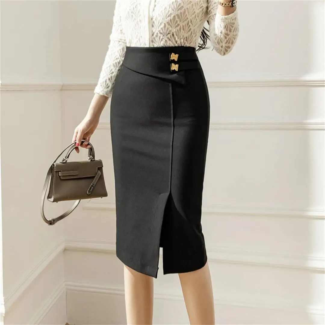Women Elastic Bodycon Office Skirts High Waist Black Pencil Skirt Elegant Korean Style Sexy Red Midi Skirt