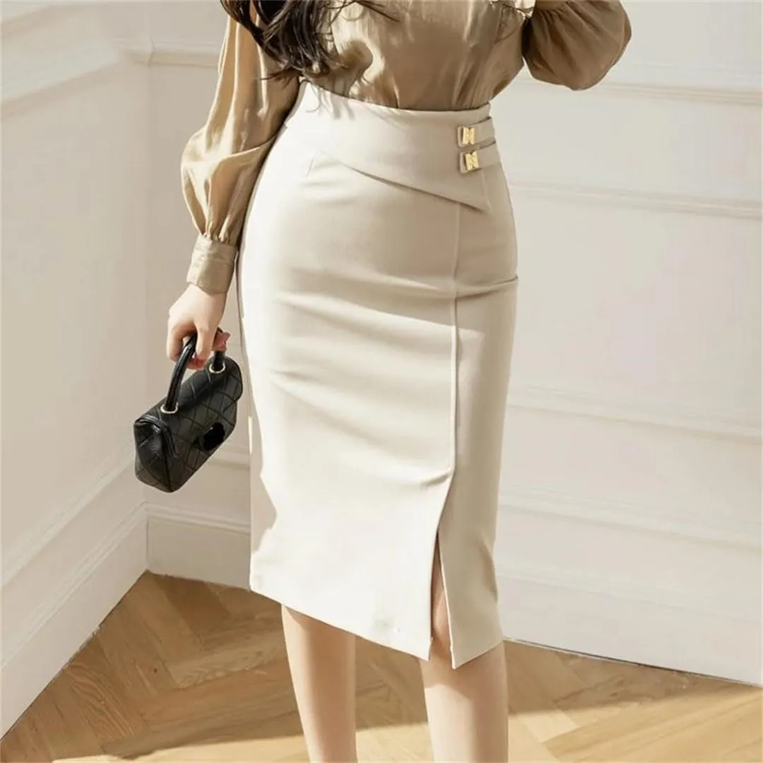 Women Elastic Bodycon Office Skirts High Waist Black Pencil Skirt Elegant Korean Style Sexy Red Midi Skirt