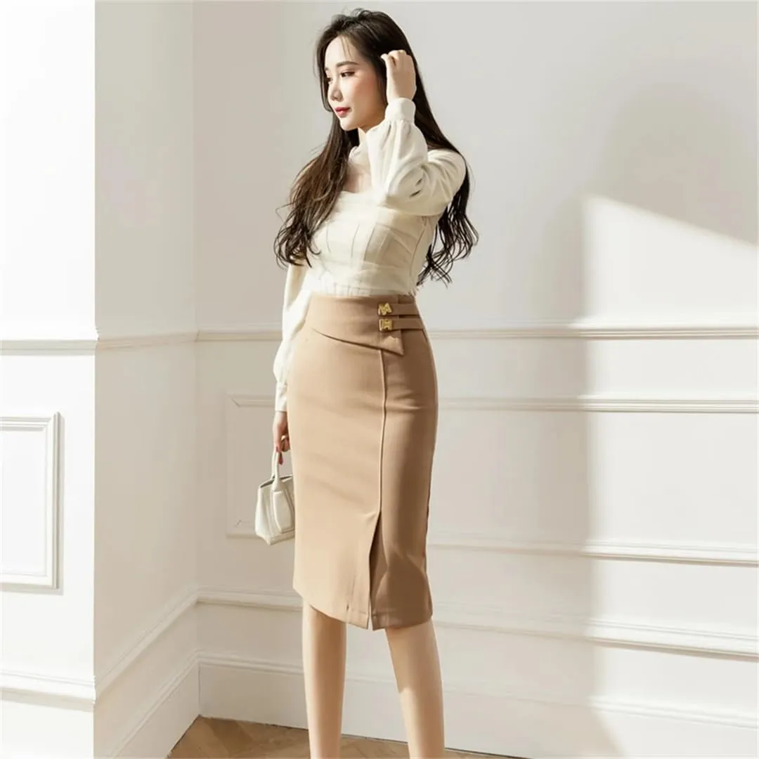 Women Elastic Bodycon Office Skirts High Waist Black Pencil Skirt Elegant Korean Style Sexy Red Midi Skirt