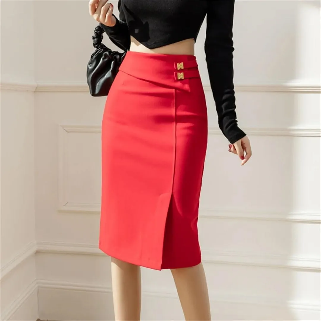 Women Elastic Bodycon Office Skirts High Waist Black Pencil Skirt Elegant Korean Style Sexy Red Midi Skirt