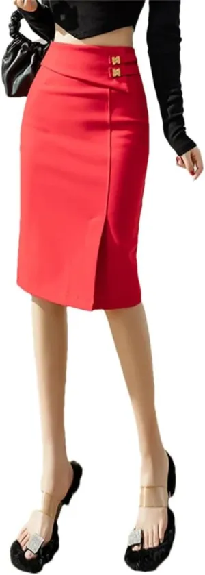 Women Elastic Bodycon Office Skirts High Waist Black Pencil Skirt Elegant Korean Style Sexy Red Midi Skirt