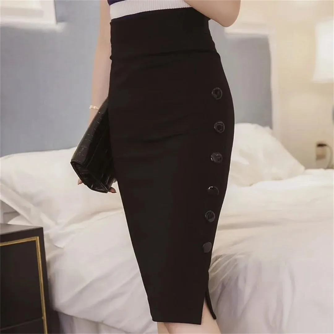 Women Elastic High Waist Black Skirts Streetwear Button Midi Skirt Elegant Office Pencil Skirt