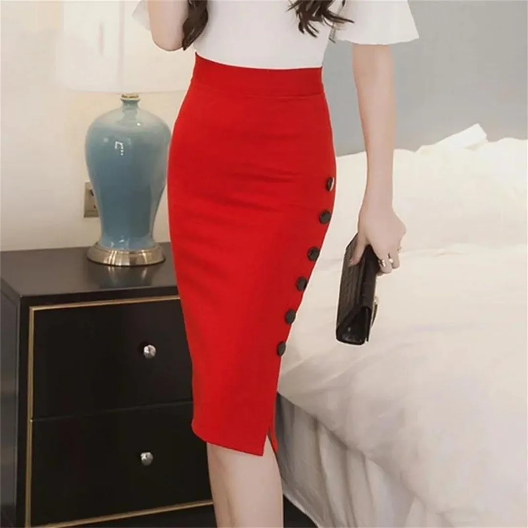 Women Elastic High Waist Black Skirts Streetwear Button Midi Skirt Elegant Office Pencil Skirt