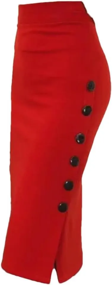 Women Elastic High Waist Black Skirts Streetwear Button Midi Skirt Elegant Office Pencil Skirt