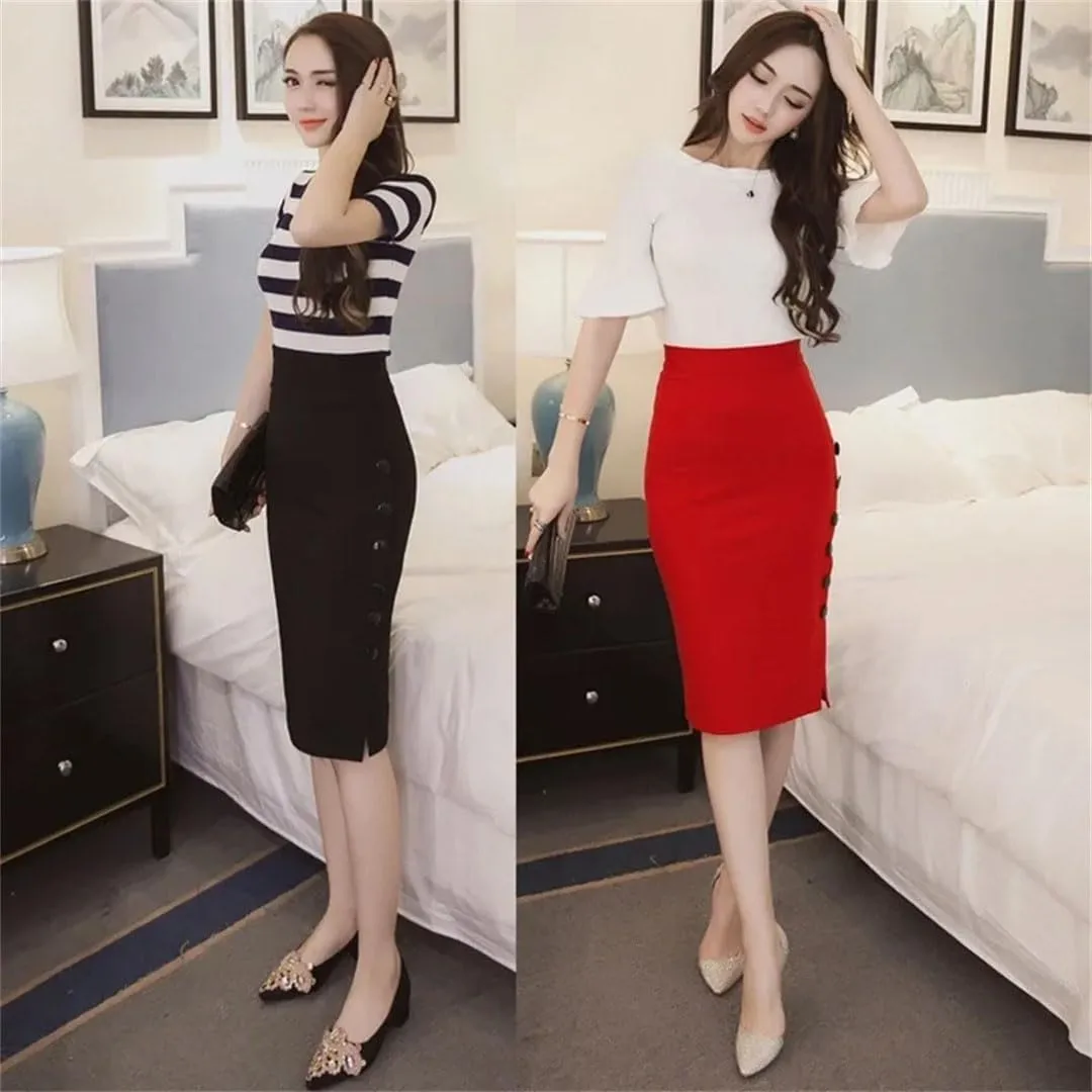 Women Elastic High Waist Black Skirts Streetwear Button Midi Skirt Elegant Office Pencil Skirt