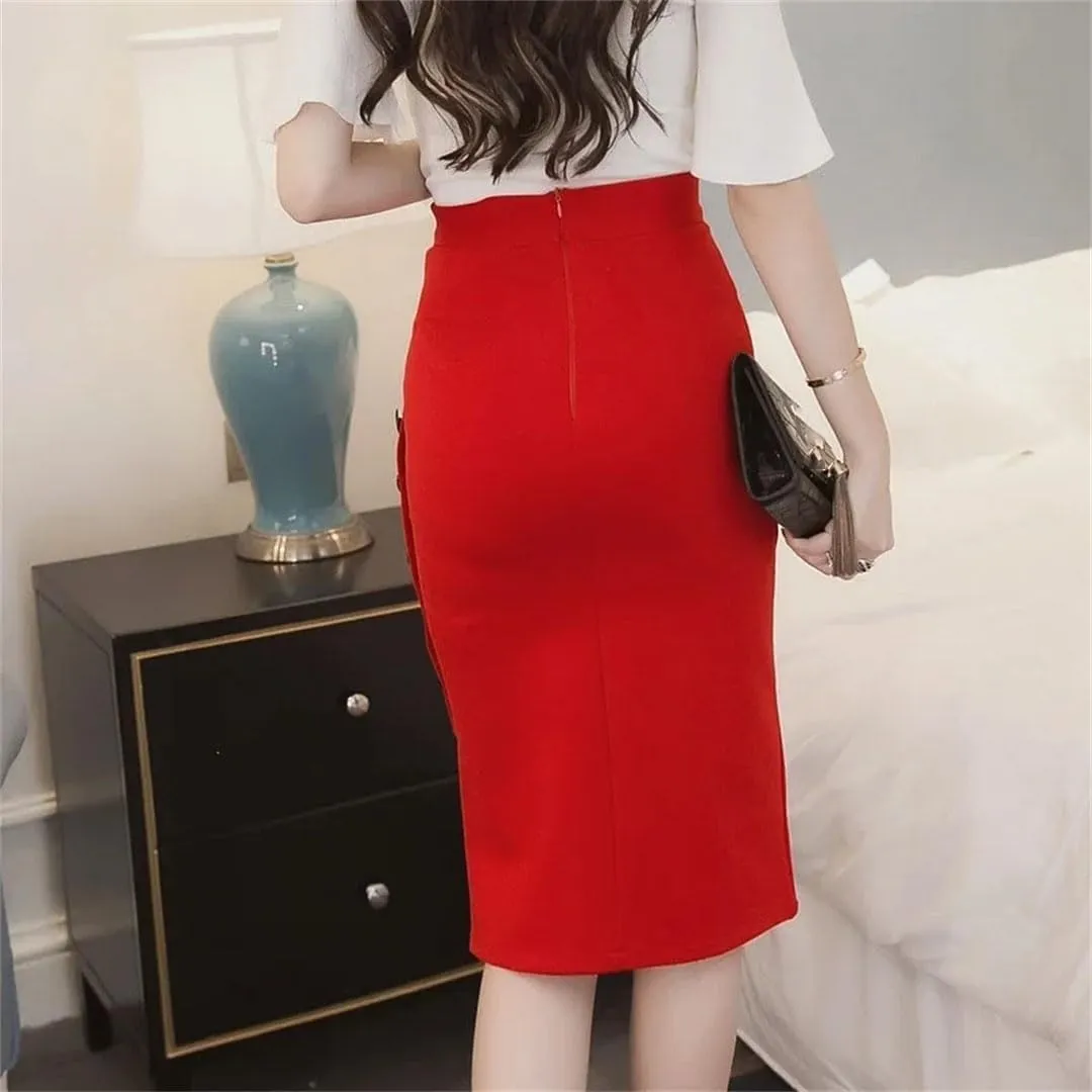 Women Elastic High Waist Black Skirts Streetwear Button Midi Skirt Elegant Office Pencil Skirt