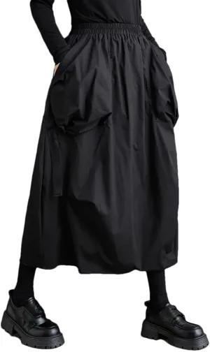 Women Elastic High Waist Midi Skirt Irregular Pleated Skirts Casual Loose Solid Color Skirts