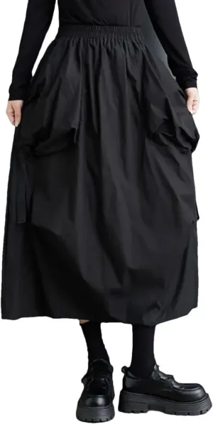 Women Elastic High Waist Midi Skirt Irregular Pleated Skirts Casual Loose Solid Color Skirts
