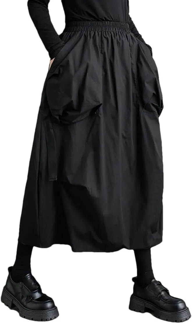 Women Elastic High Waist Midi Skirt Irregular Pleated Skirts Casual Loose Solid Color Skirts