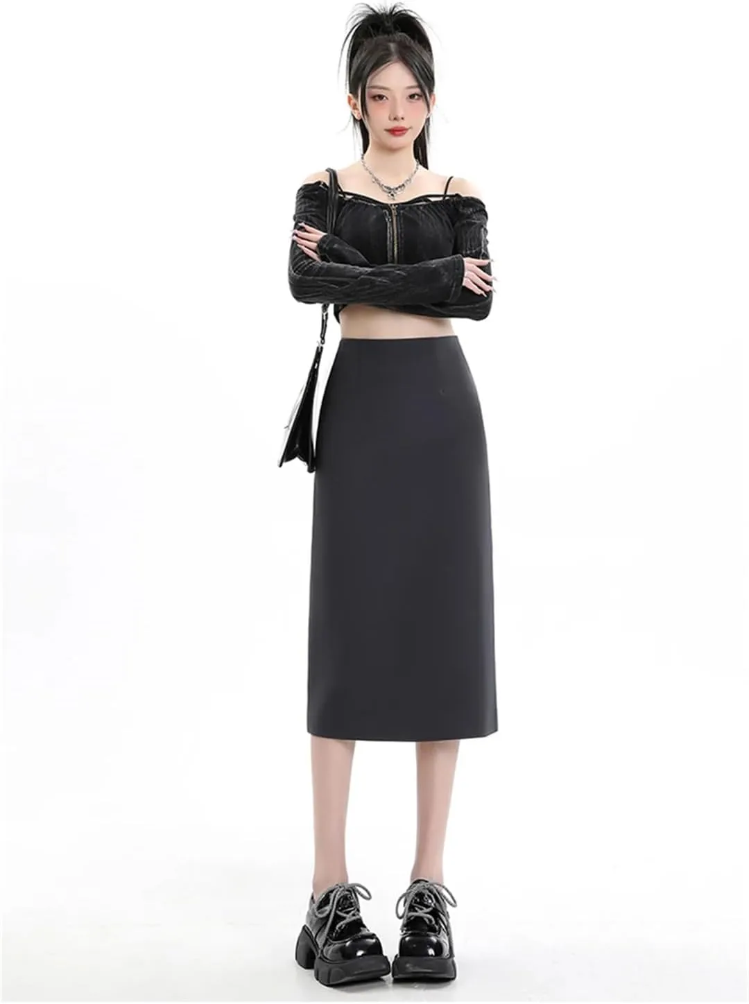 Women Elegant A Line Long Skirts Spring Summer High Waist Office Lady Back Slit Mid-Length Pencil Skirts