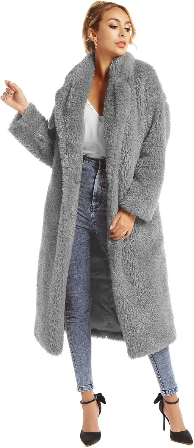 Women Faux Fur Winter Coats Comfort Warm Outerwear Open Front Long Cardigan Overcoat Jacket
