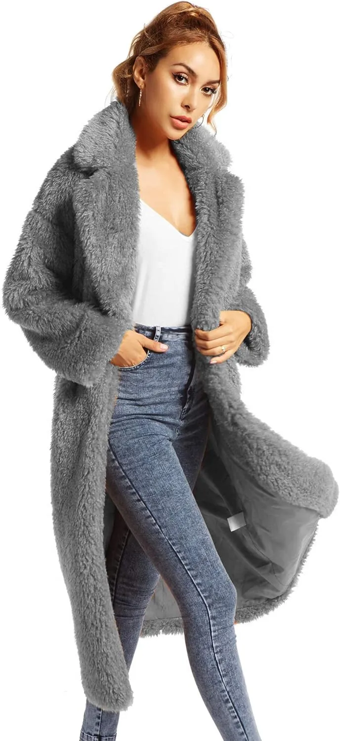 Women Faux Fur Winter Coats Comfort Warm Outerwear Open Front Long Cardigan Overcoat Jacket