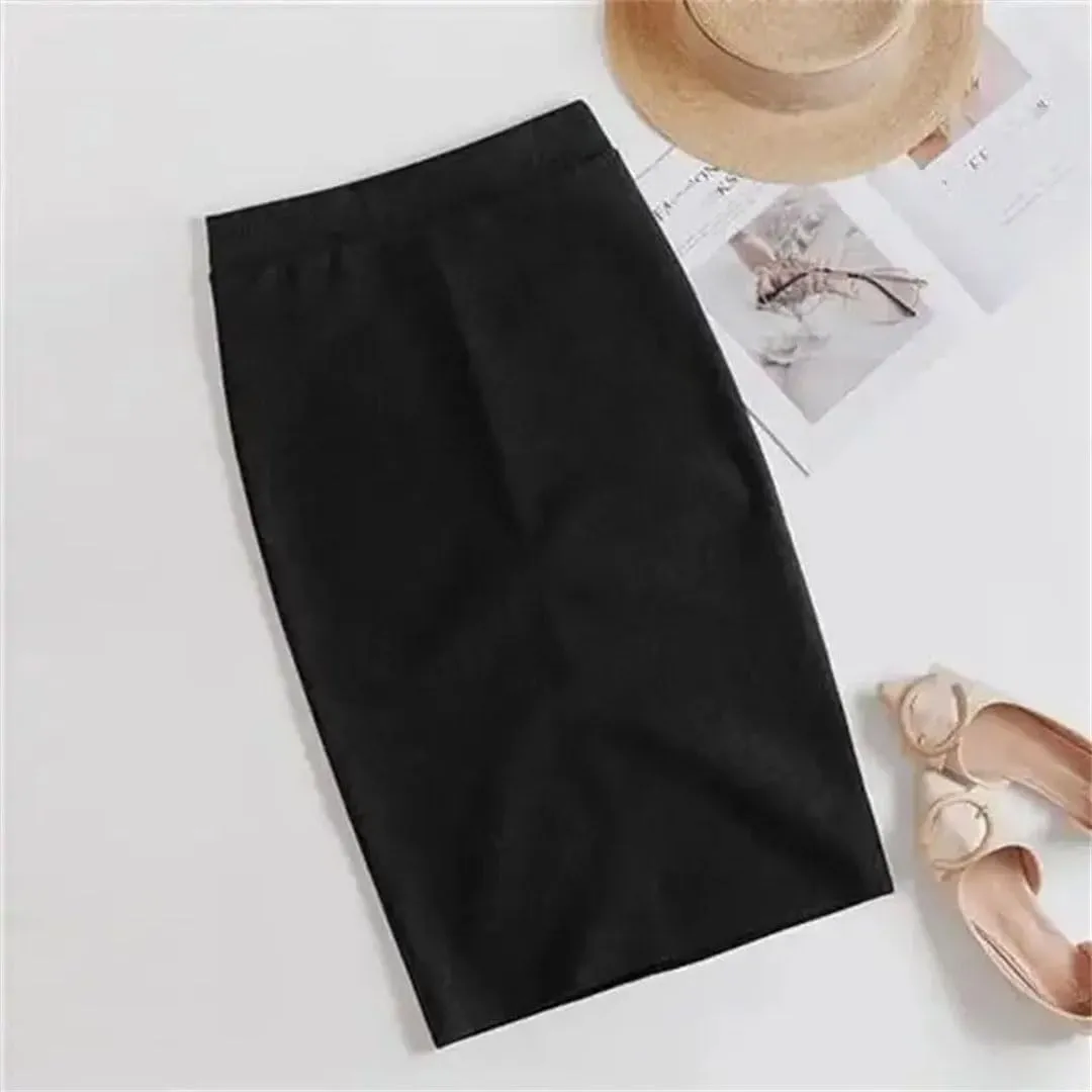 Women High Waist Office White Skirts Elegant Korean Bodycon Black Skirt Sexy Slim Knee Length Pencil Skirt