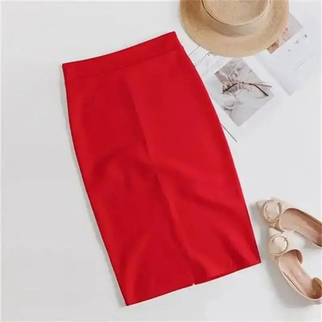 Women High Waist Office White Skirts Elegant Korean Bodycon Black Skirt Sexy Slim Knee Length Pencil Skirt