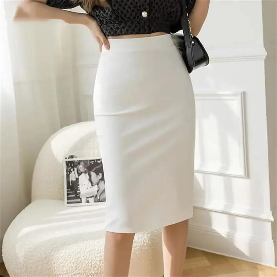 Women High Waist Office White Skirts Elegant Korean Bodycon Black Skirt Sexy Slim Knee Length Pencil Skirt