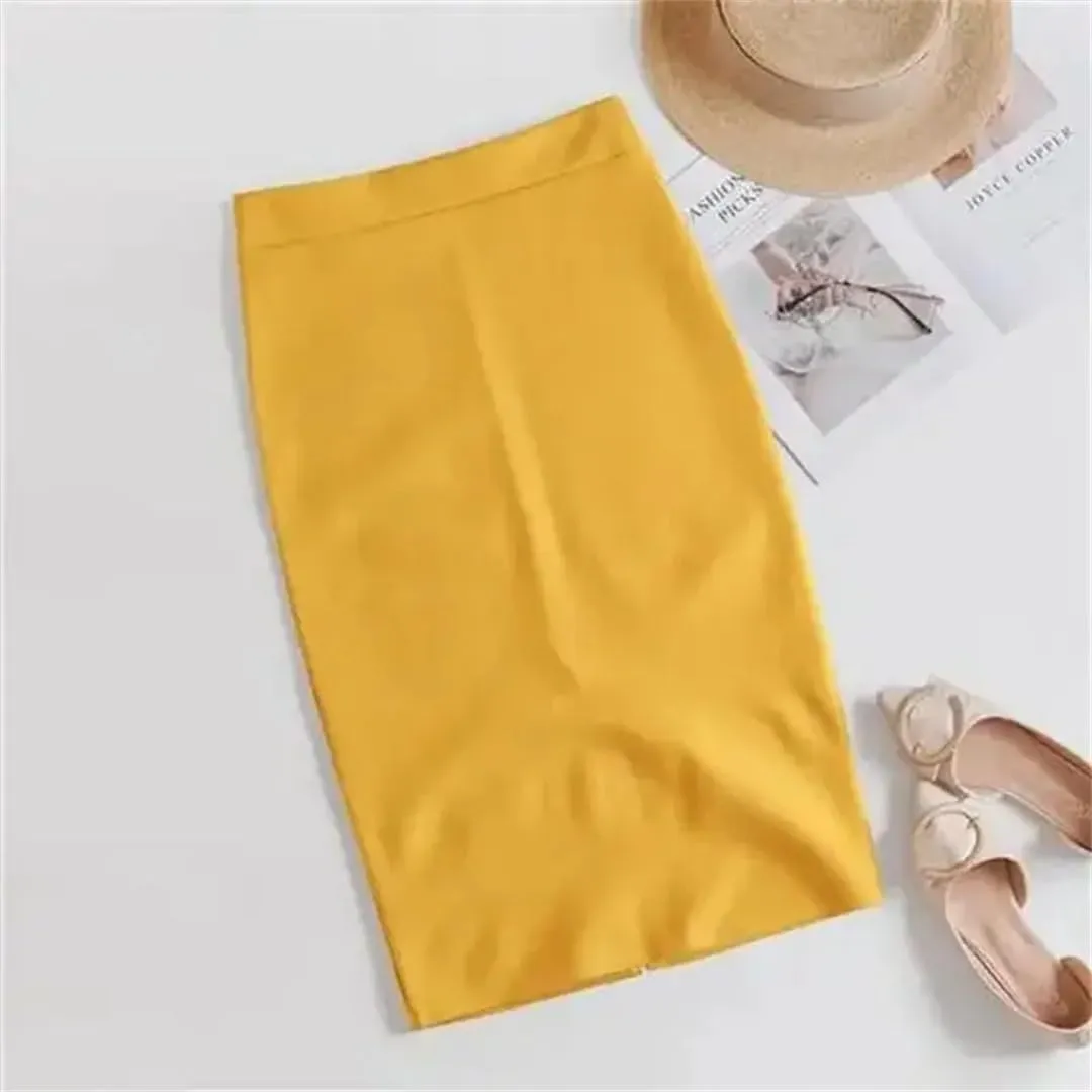 Women High Waist Office White Skirts Elegant Korean Bodycon Black Skirt Sexy Slim Knee Length Pencil Skirt