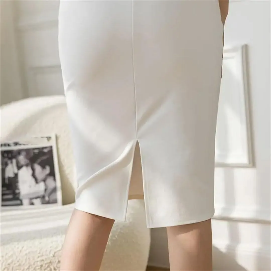 Women High Waist Office White Skirts Elegant Korean Bodycon Black Skirt Sexy Slim Knee Length Pencil Skirt