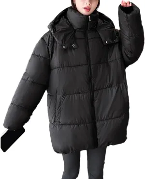 Women Hooded Short Loose Cotton-Padded Jacket Classic Pockets Solid Zipper Parka Coat